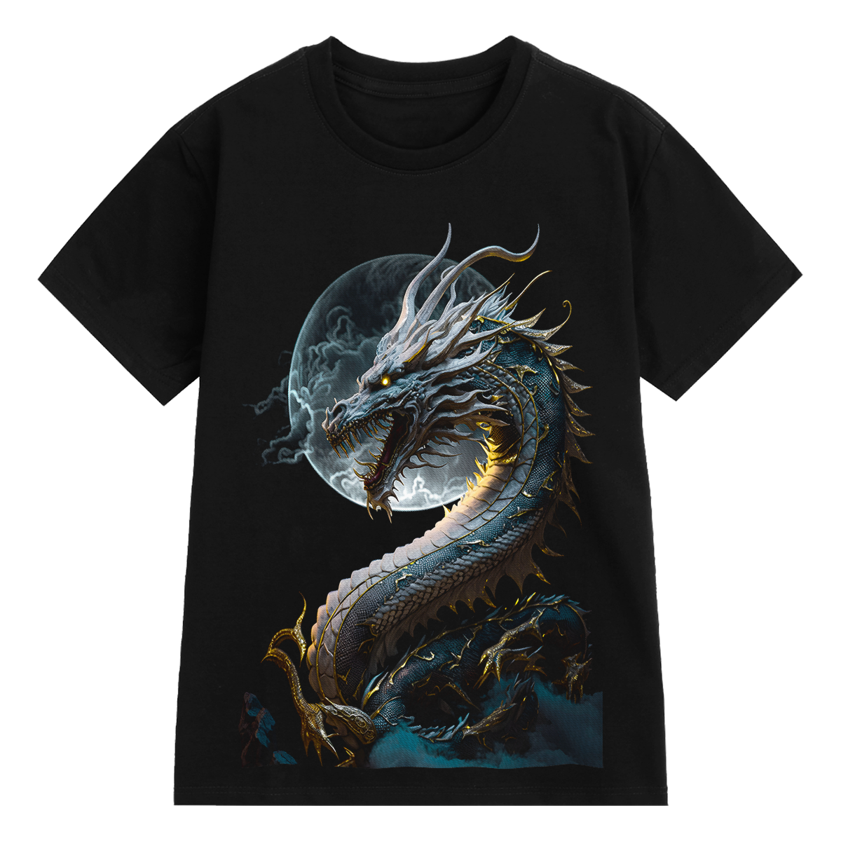 Áo thun nam cổ tròn tay ngắn TeeSett big size boy phố cotton màu đen in hình rồng xanh graphic design