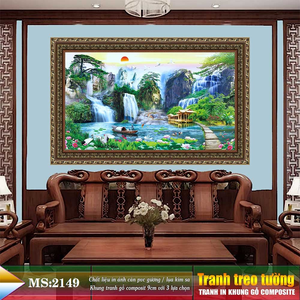 Tranh treo tường phòng khách, phòng ngủ SƠN THỦY HỮU TÌNH khung gỗ composit chất liệu pvc gương / lụa kim sa. MS:2049L9