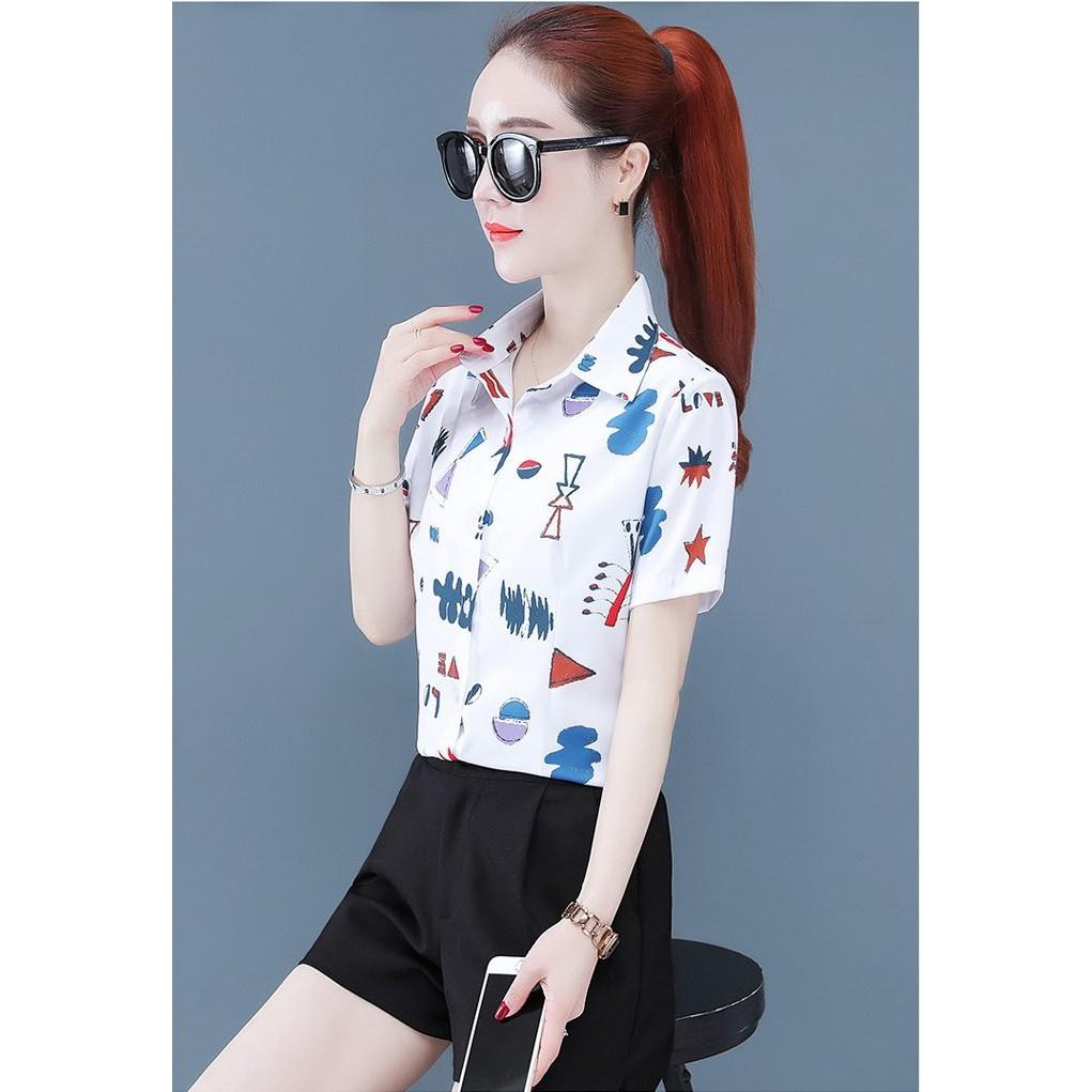 Áo sơ mi nữ ngắn tay họa tiết lạ s69