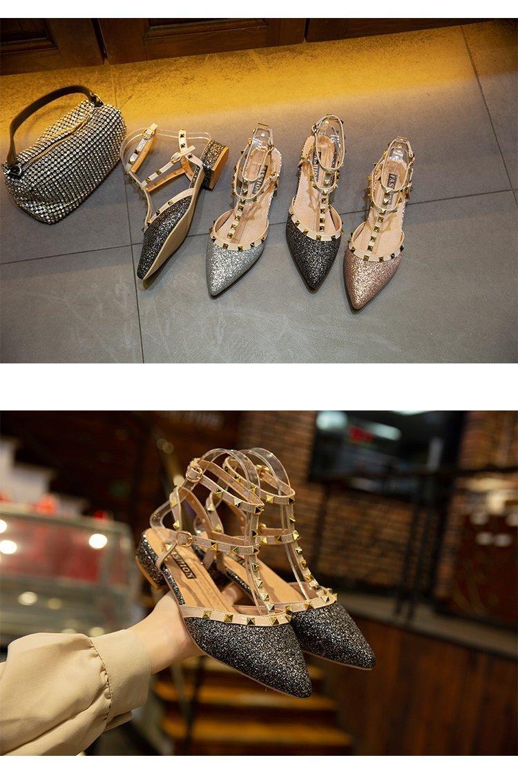 Fashion Spiked Rivet Buckle Low Heel Sandal for Women