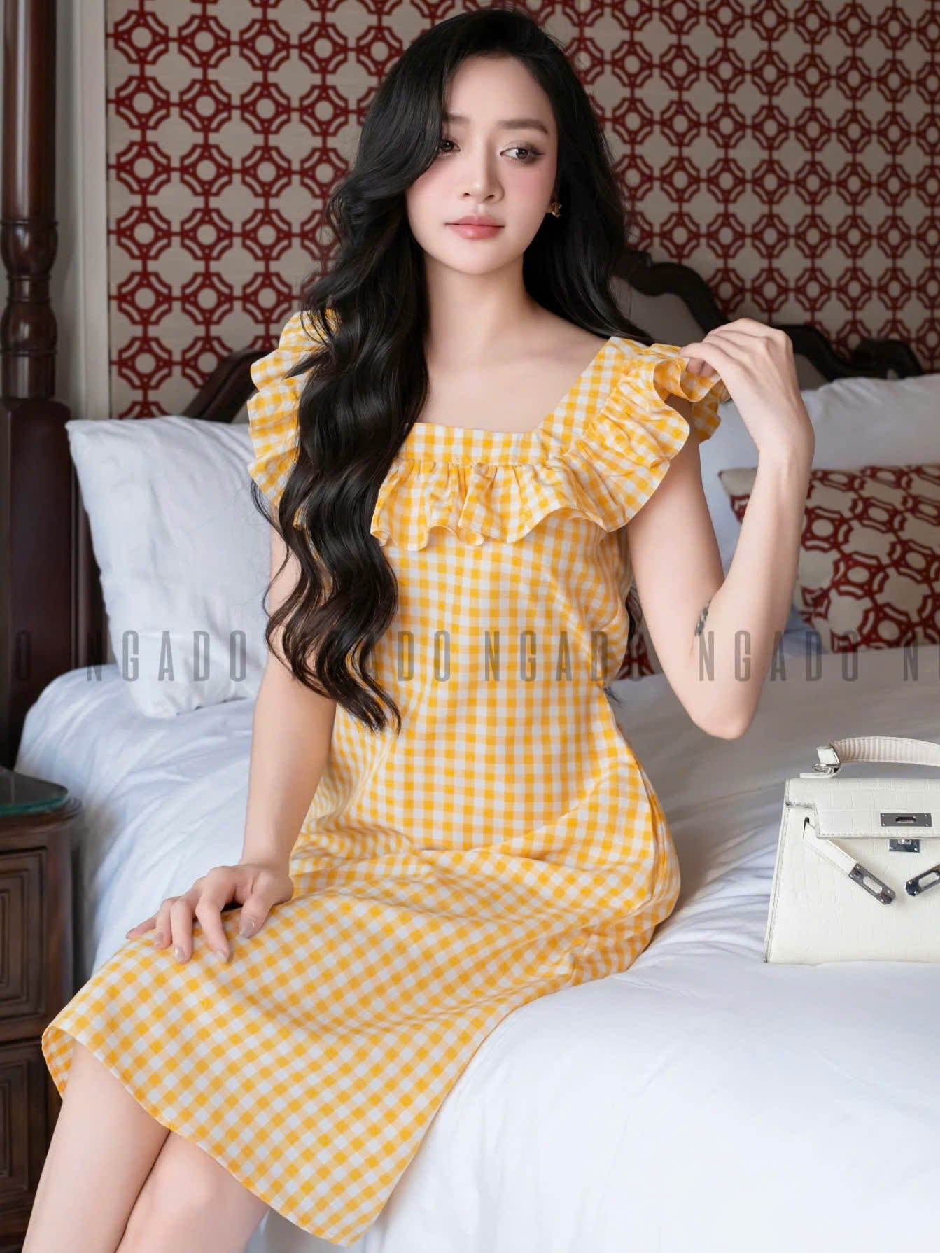 Đầm caro vàng phối cổ nhún NGADO , đầm caro , đầm kẻ ,  đầm dạo phố