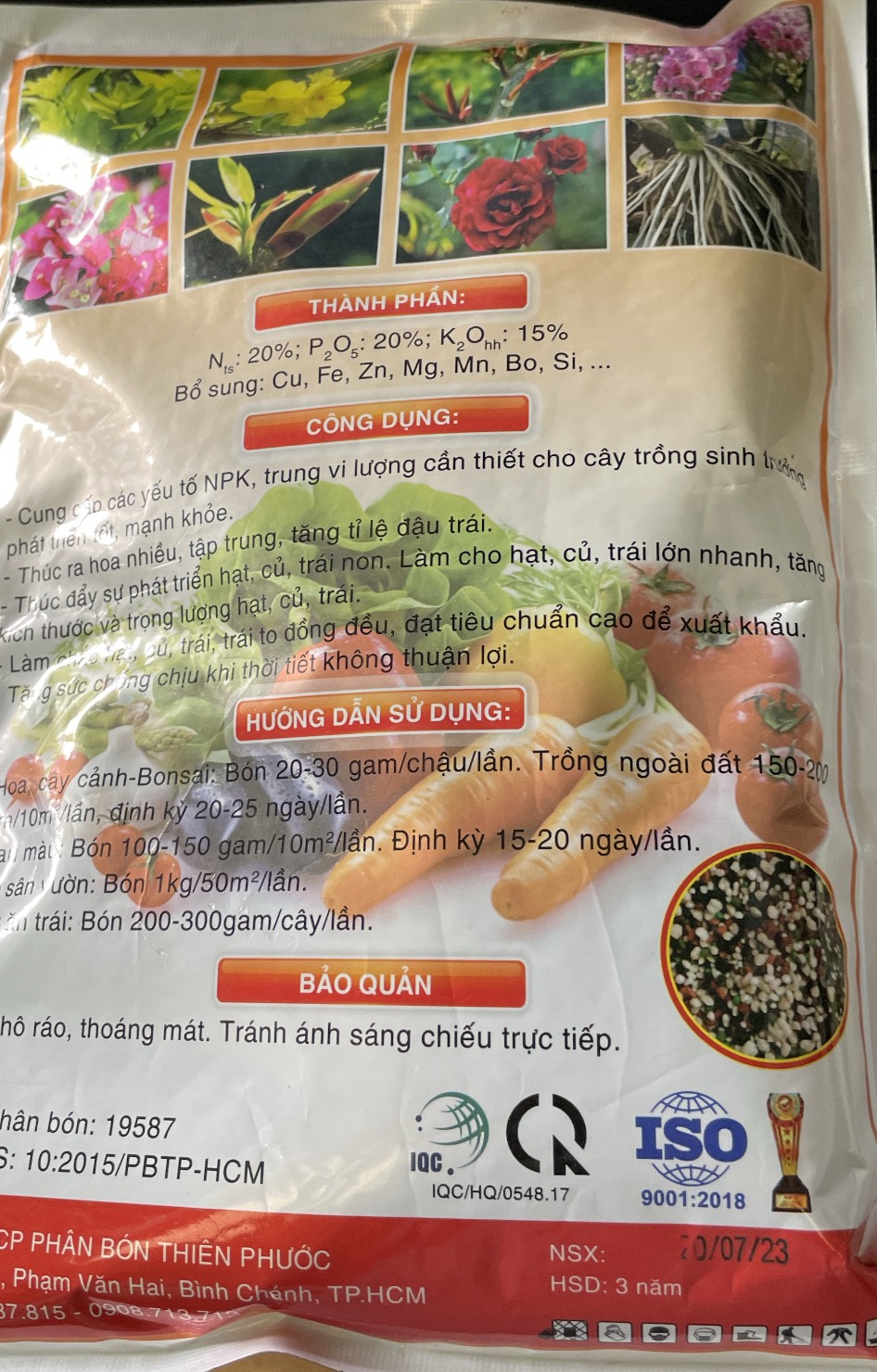 Phân bón NPK 20-20-15 TE gói 1kg HAK