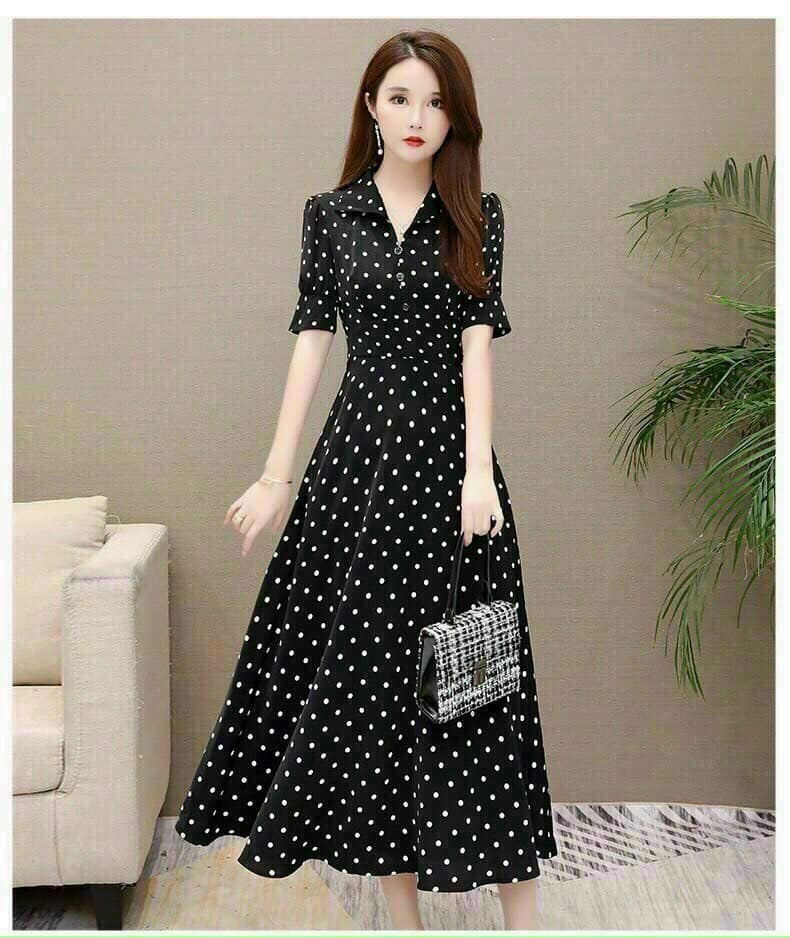 ĐẦM XOÈ CHẤM BI TAY LỠ CỔ SƠ MI