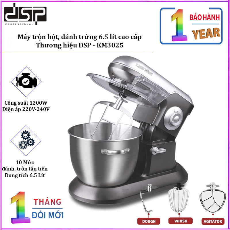 Máy trộn bột, đánh trứng tự động DSP KM3025 công suất 1200W, dung tích 6.5 lít, trang bị 3 đầu trộn, 10 tốc độ đánh khác nhau- Hàng chính hãng