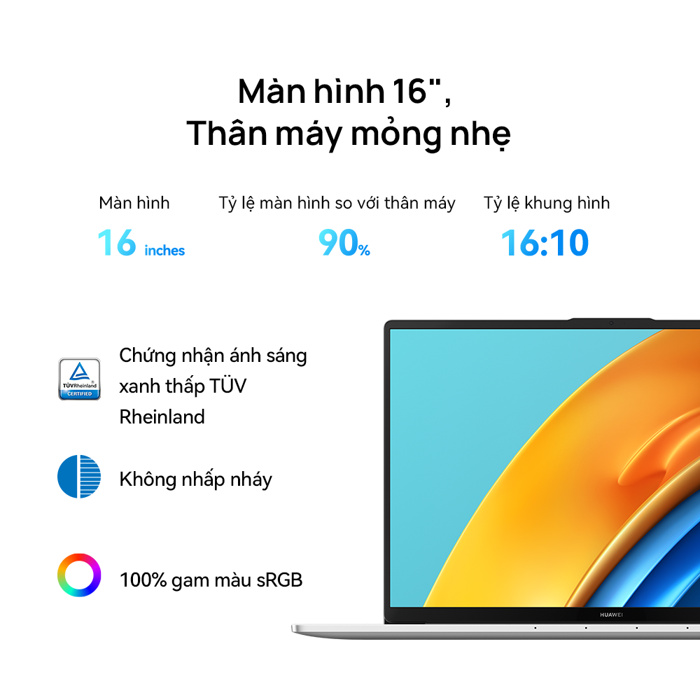 Máy Tính Xách Tay HUAWEI MateBook D 16 (16GB/512GB) Màn hình HUAWEI FullView 16&quot; | Intel Core i5 Thế Hệ Thứ 12 H-Series | Hàng Chính Hãng