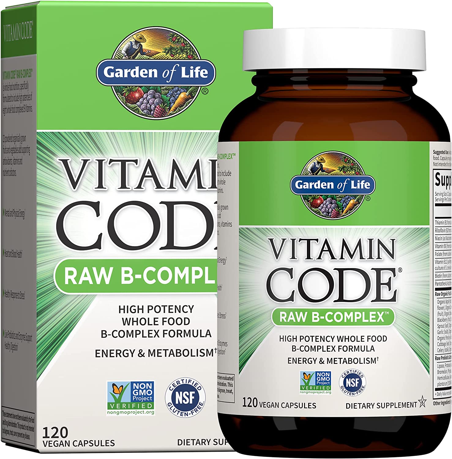 HŨ 120 VIÊN HỖN HỢP VITAMIN B Raw Complex ( B1, B2,B3,B6 ) Garden of Life - Vitamin Code, Non GMO - Gluten Free, Vegan Capsules