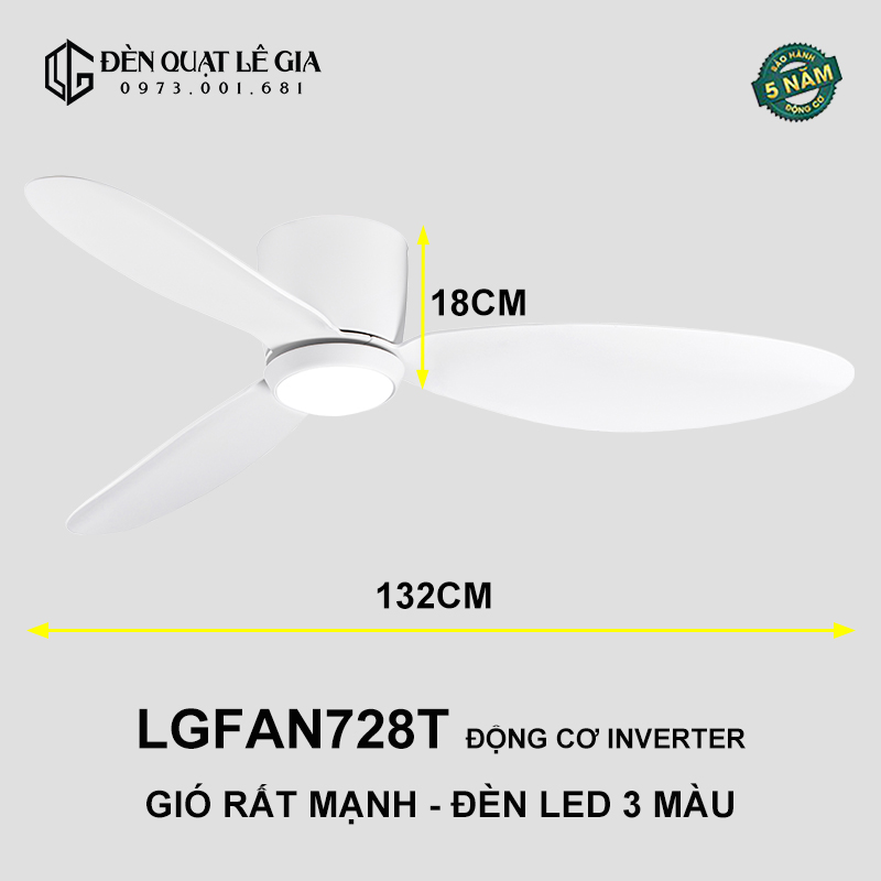 Quạt Trần Chung Cư Cho Trần Thấp LÊ GIA LGFAN728G - Chiều Cao 18cm - Sải Cánh 132cm - Bảo Hành 5 Năm