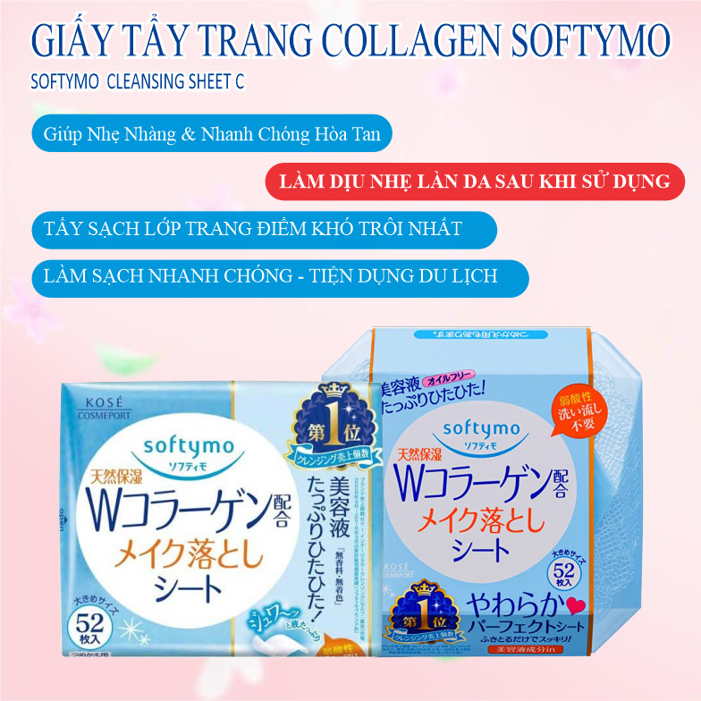 Khăn Giấy Tẩy Trang Ngừa Lão Hóa Bổ Sung Collagen Kosé Softymo Cleansing Sheet C ( Gói Refill 52 miếng)