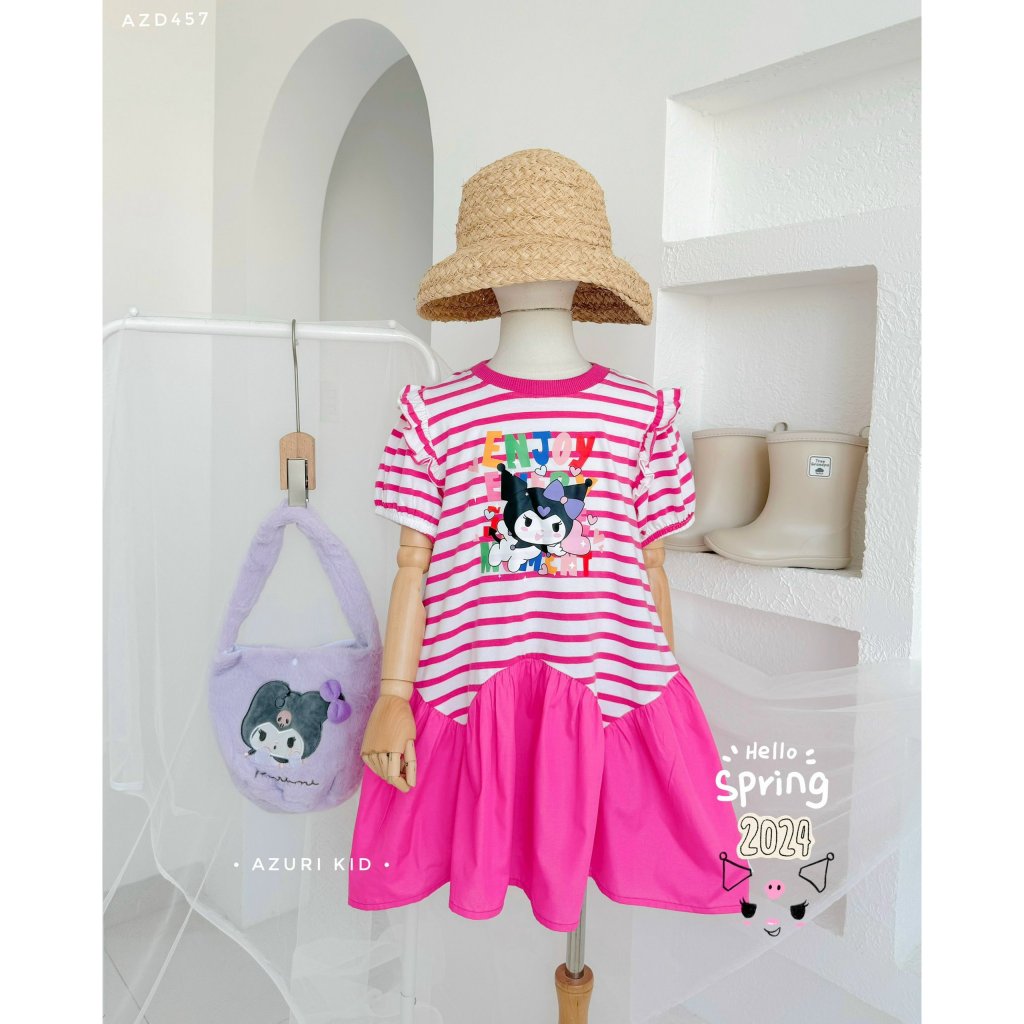 Đầm váy babydoll cho bé gái phong cách hàn quốc mẫu kuromi size 12-40kg chất cotton mềm mịn đẹp