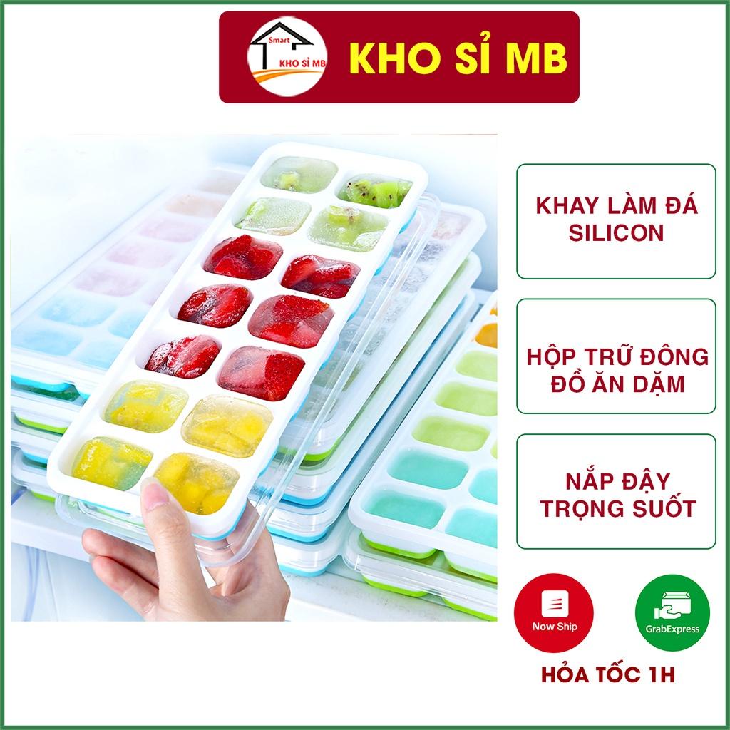 Khay làm đá silicon có nắp đậy trong suốt tiện dụng, hộp trữ đông, bảo quản đồ ăn dặm cho bé, kho sỉ mb