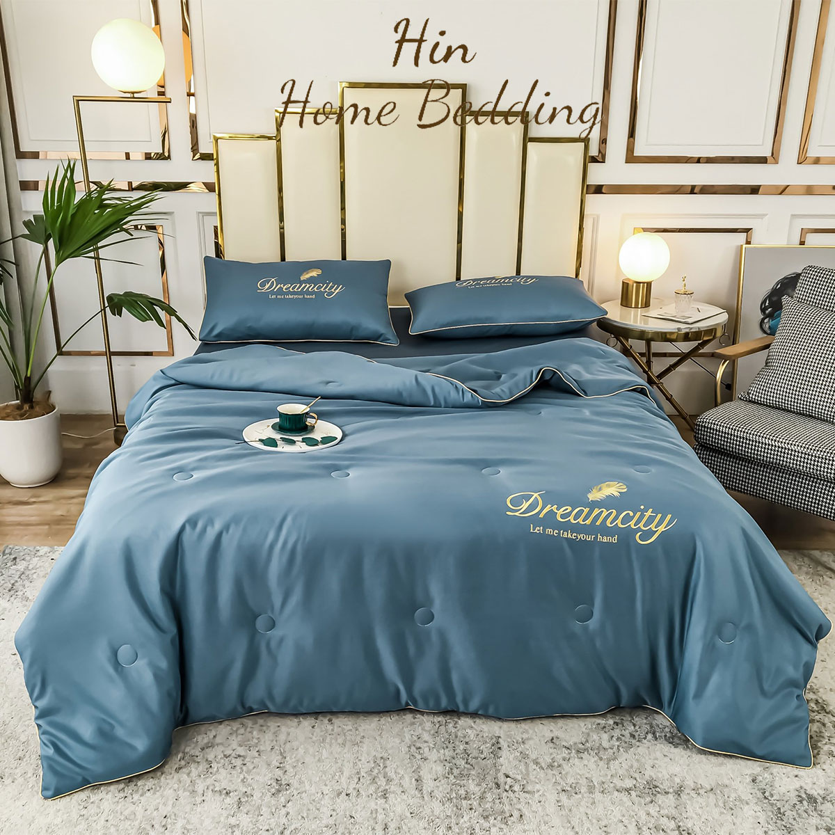 Bộ Chăn Ga Gối Đệm 5 Món Lụa Dream City Set Chăn Ga Drap Trải Giường Chăn Chần Bông Đẹp Hin Home Bedding Mẫu Hồng