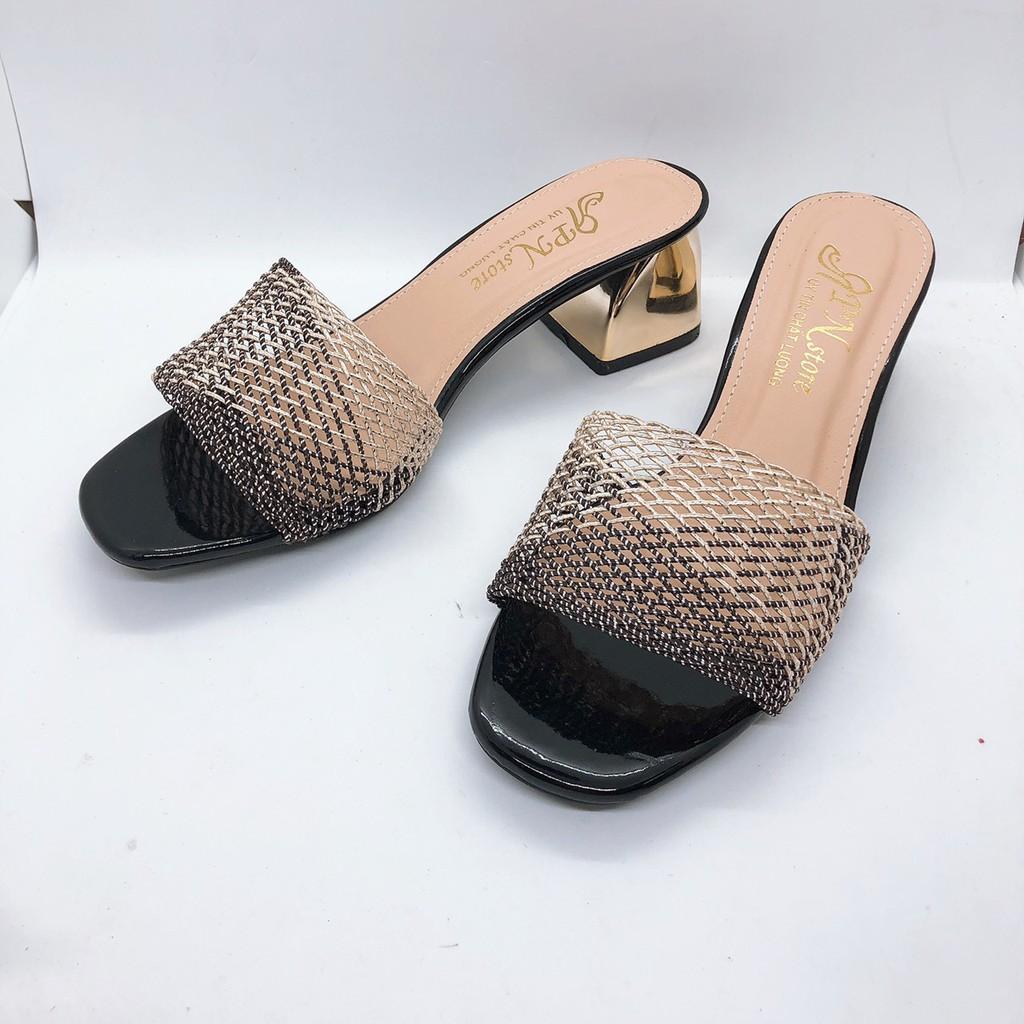 Guốc Cao Gót vuông đồng 5cm quai đan lưới