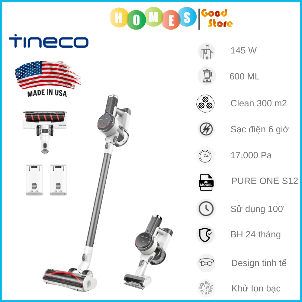 Máy Hút Bụi Không Dây, Máy Hút Bụi Cầm Tay TINECO Pure ONE S12 Bộ Lọc Thông Minh Tự Làm Sạch Thời Gian Làm Việc Lên Tới 100 Phút Liên Tục Lực Hút 17,000 Pa Công Suất 145 W - Hàng Nhập Khẩu