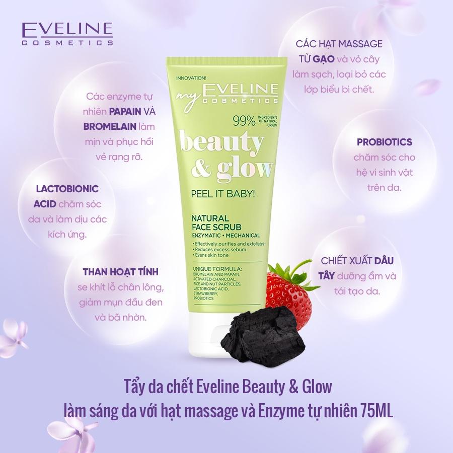 [Tặng nước tẩy trang 100ml] Tẩy da chết Eveline Beauty &amp; Glow làm sáng da với hạt massage và Enzyme tự nhiên 75ML