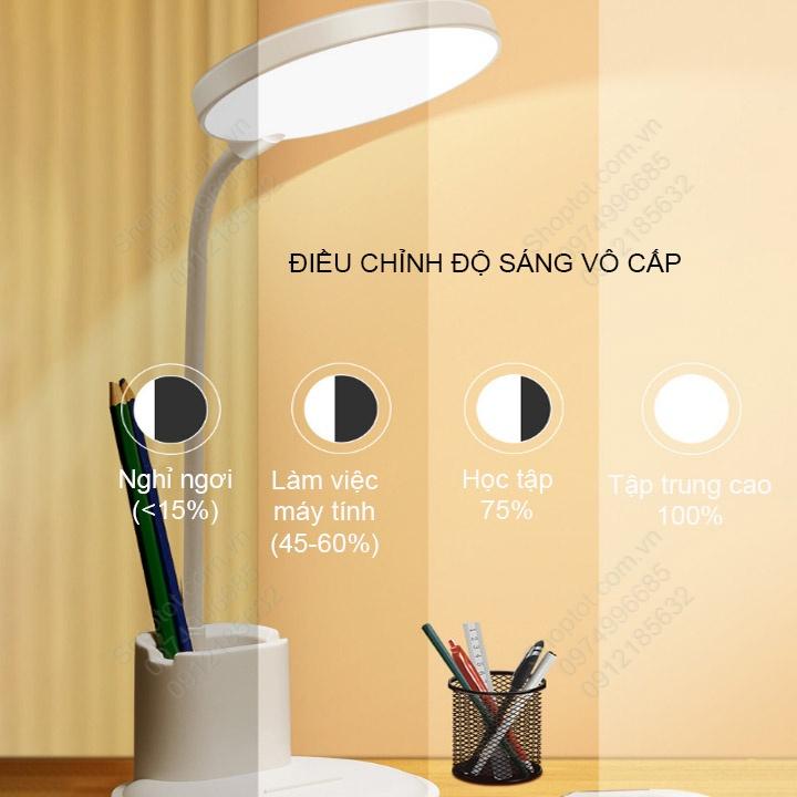 Đèn led học chống cận, tích điện, có hộp để bút và giá để điện thoại, ánh sáng 3 màu, điều chỉnh độ sáng vô cấp