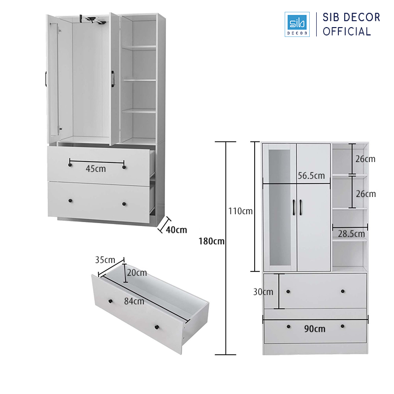 Tủ Quần Áo Có Gương Soi, 2 Ngăn Kéo Lớn Tiện Dụng Thiết Kế Hiện Đại SIB Decor TA202