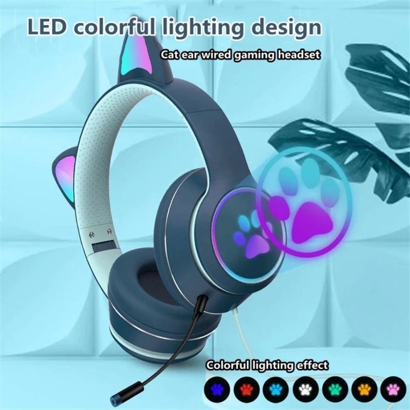 Mèo Tai Có Dây Tai Nghe Giảm Tiếng Ồn Dual Mic Tai Nghe LED Chơi Game Cho Máy Tính Laptop Game Thủ