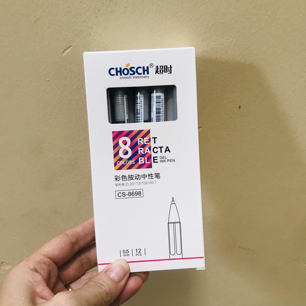 Hộp 12 Cây Viết Gel Nước Bấm Chosch 8698 Ngòi 0.5mm tím,xanh,đỏ,đen (vpp trí tín)