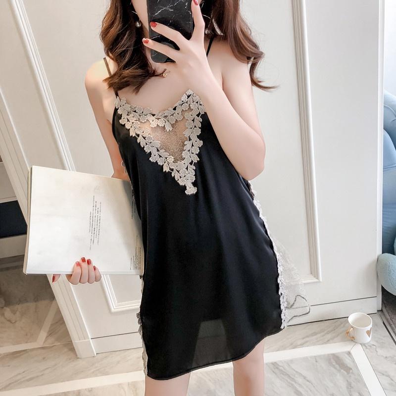 - Đầm ngủ 2 dây lụa phối ren ngực họa tiết trái tim dễ thương váy ngủ sexy xẻ tà đùi gợi cảm BIKI HOUSE N151