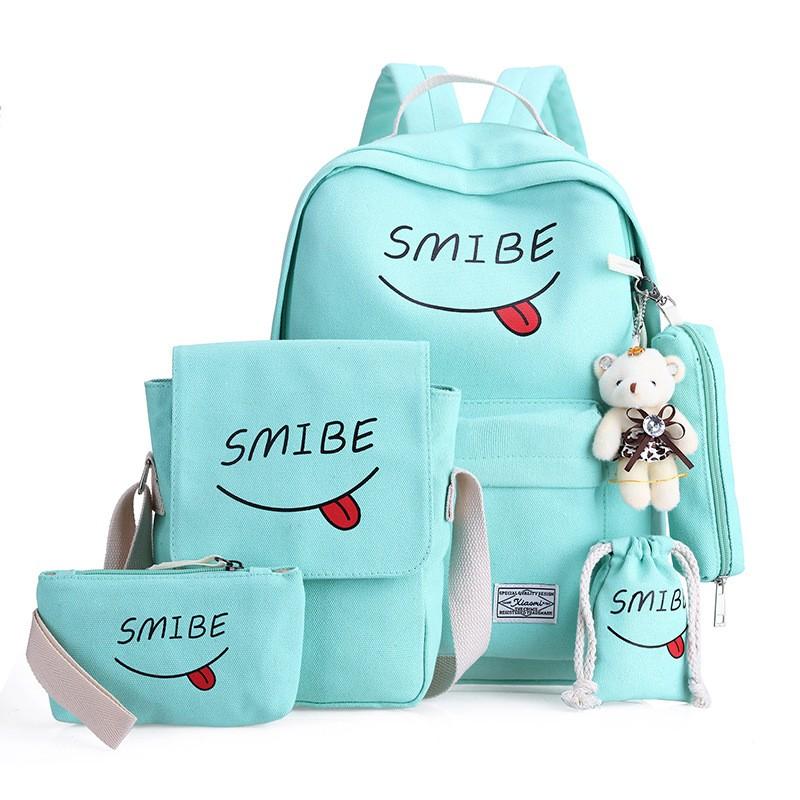 Bộ 5 Ba Lô Túi Xách Smile Cao Cấp, Balo Học Sinh, Balo Thời Trang Nữ, Balo sinh viên hàn quốc