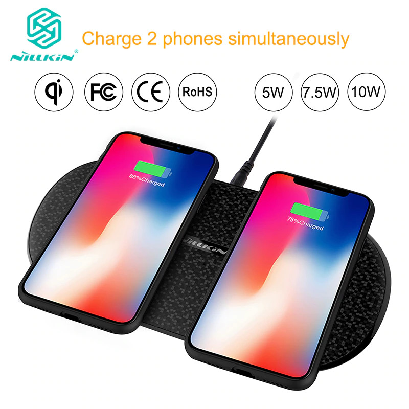 Đen - Đế sạc nhanh không dây Qi 10W / 7.5W sạc cùng lúc 2 thiết bị hiệu Nillkin Dual Charger Wireless cho tai nghe Apple Airpods 2 / Pro và điện thoại iPhone Samsung Oppo Xiaomi Huawei Nokia (Đính kèm 1 củ sạc nhanh và dây sạc) - Hàng chính hãng