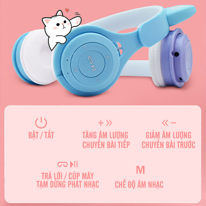 Tai nghe bluetooth tai mèo có mic Headphone tai mèo dễ thương, âm bass mạnh mẽ, dung lượng pin khủng -BH 12T