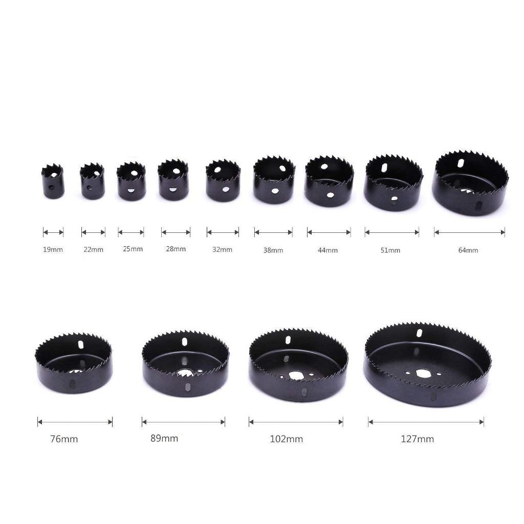 Mũi Khoan Khoét Lỗ Tròn Thạch Cao, gỗ 13 size vành khoét 19, 22, 25, 28, 32, 38, 44, 54, 64, 76, 89, 102, 127mm