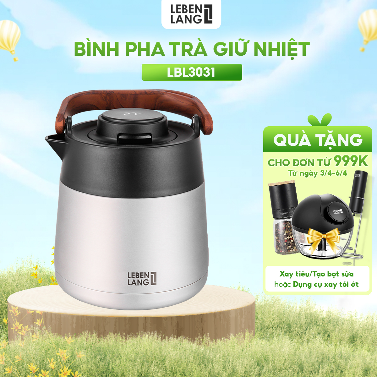 Bình pha trà giữ nhiệt inox 304 có lõi lọc trà Lebenlang LBL3031, dung tích 1000ml - hàng chính hãng