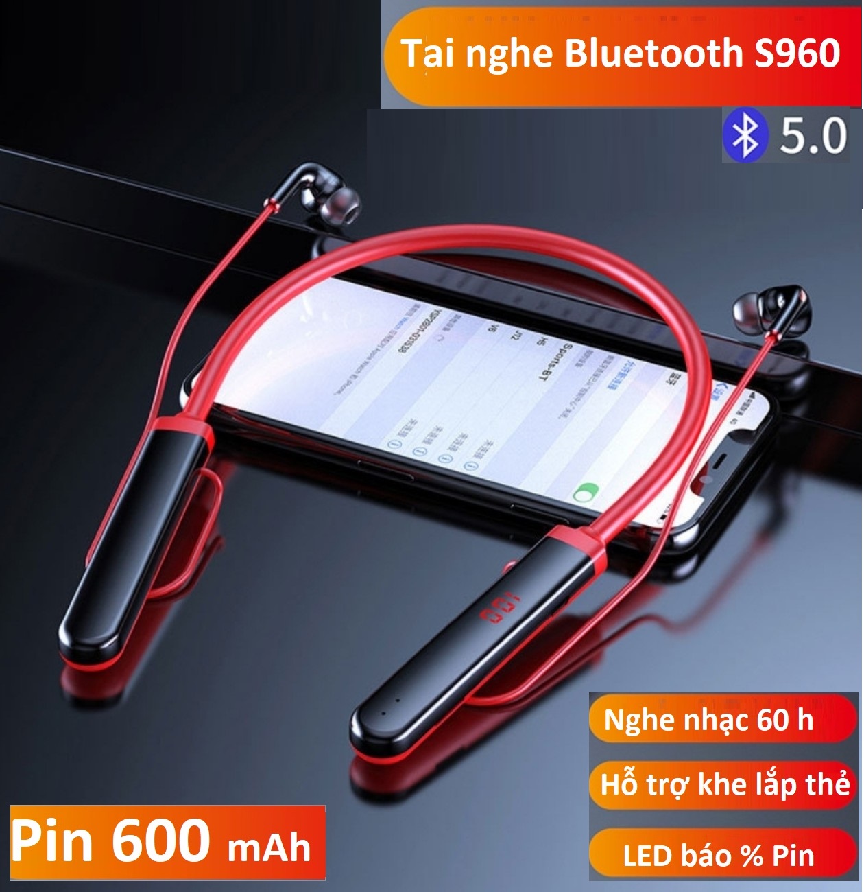 Tai Nghe Bluetooth S960 Mới Âm Thanh Nổi 9D Hifi, Tai Nghe Thể Thao Quàng Cổ, LED Hiển Thị Pin, Hỗ Trợ Khe Lắp Thẻ TF Chơi Nhạc