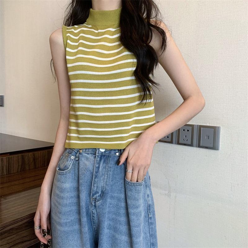 Áo len cổ 3 phân sát nách ngắn tay mỏng 3p nữ ba lỗ cổ cao đẹp croptop dệt kim họa tiết Kẻ Sọc kiểu Hàn Quốc ôm body H12