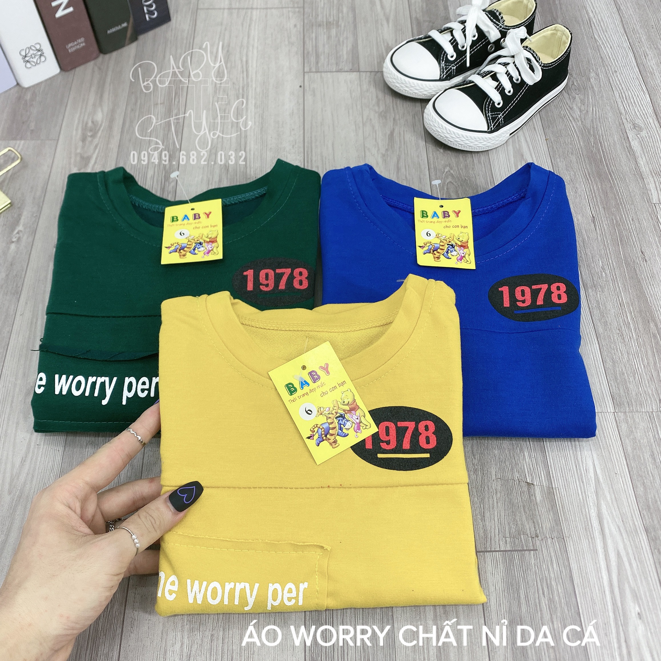 Áo sweater nỉ da cá &quot;WORRY&quot; 14-45kg cho bé trai 4-14 tuổi. Vải dày dặn, co giãn tốt. B43