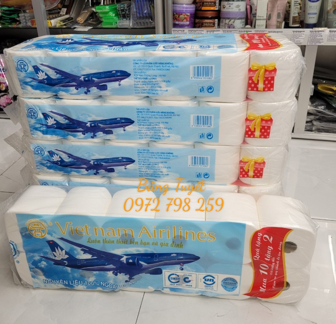 Khăn giấy vệ sinh đa năng cao cấp Vietnam Airlines 10 cuộn Lớn tặng kèm 2 cuộn giấy dai mềm mịn