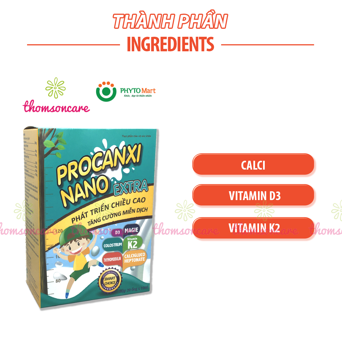 Procanxi Nano Extra - Bổ sung canxi, tăng chiều cao và đề kháng cho bé với Thymodulin và FOS - Hộp 20 ống tiện lợi