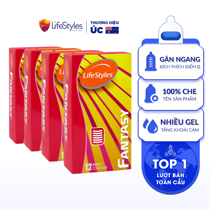 Bộ 4 Hộp Bao cao su LifeStyles Fantasy có gân ngang ôm sát cao cấp - Hộp 12 bao