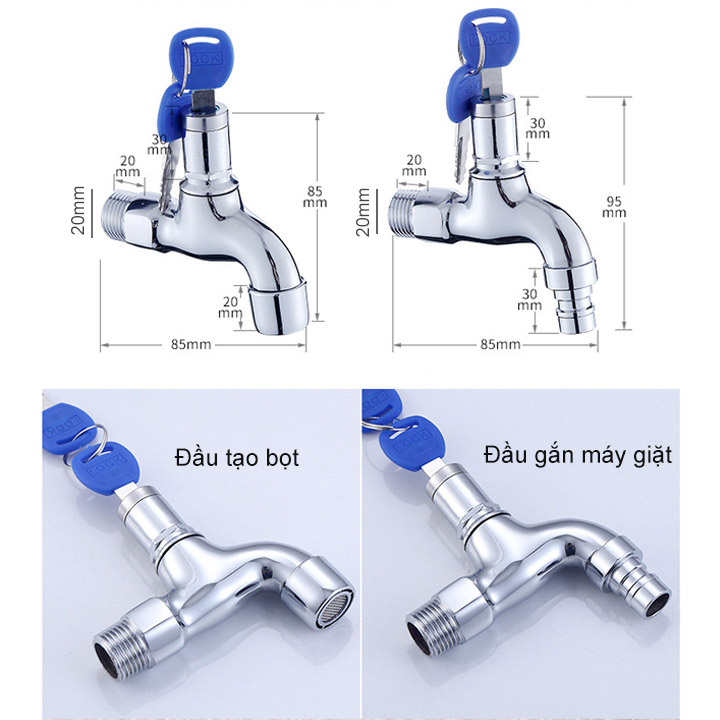 Vòi nước lạnh gắn tường loại mở bằng chìa khóa, cho đường ống 21mm