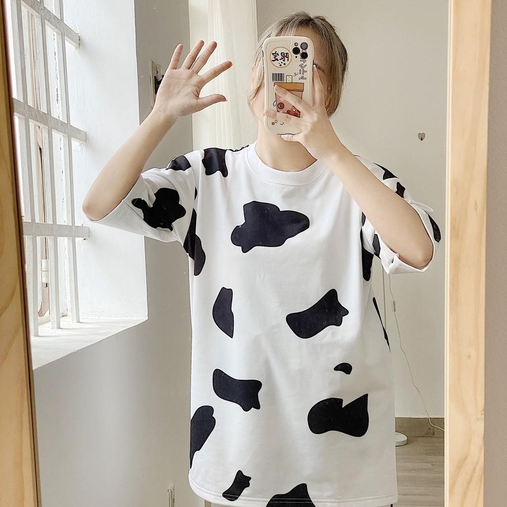 Áo Thun Tay Lỡ In Hoạ Tiết Bò Sữa Chất Nỉ Da Cá Nam Nữ Unisex