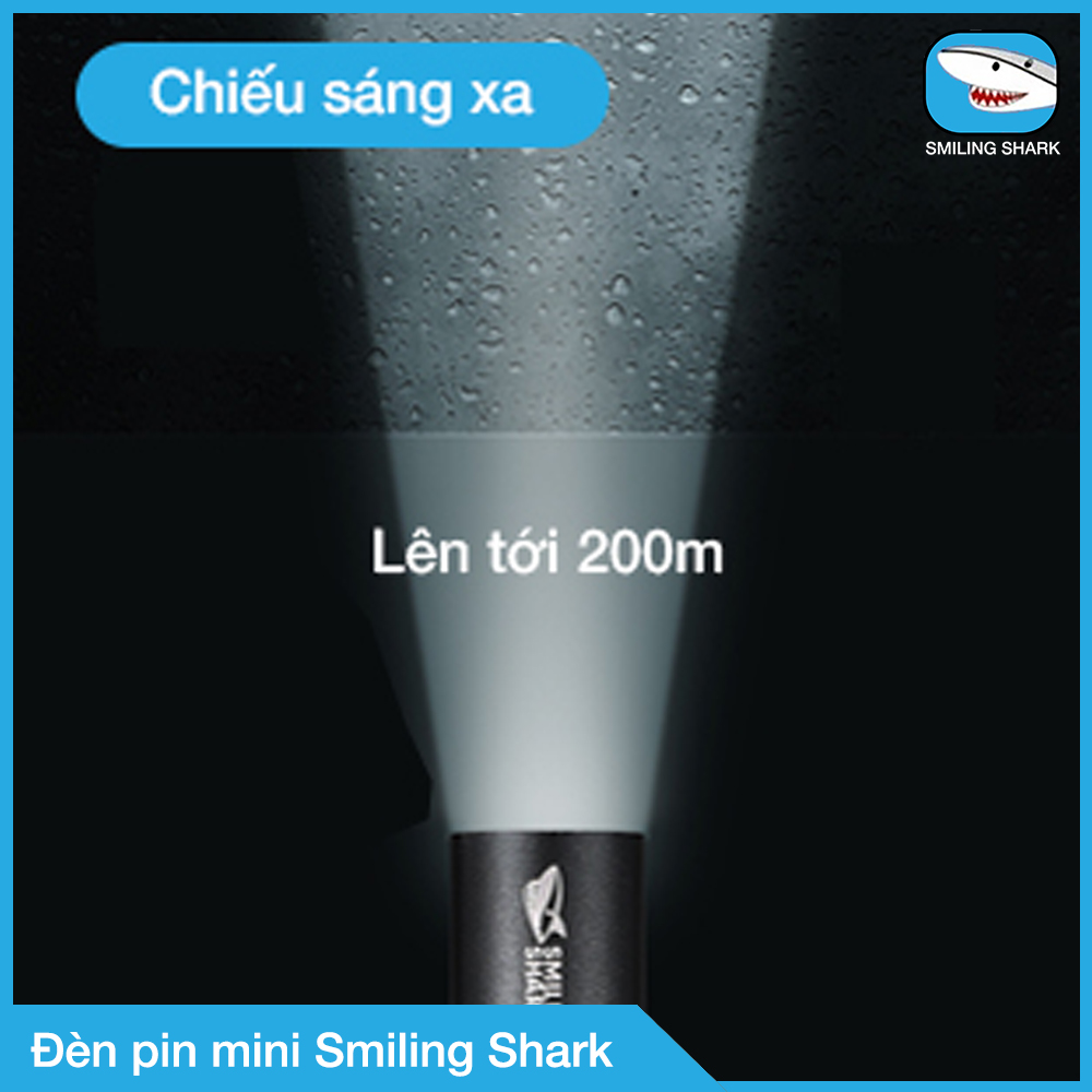 Đèn pin mini siêu sáng Smiling Shark, tầm chiếu xa 50 - 200m, cho vừa túi quần, pin siêu khoẻ, chiếu sáng sương mù, chống nước, sạc USB, gắn xe đạp hoặc mang theo dã ngoại đa dụng nhỏ gọn - Hàng Chính Hãng