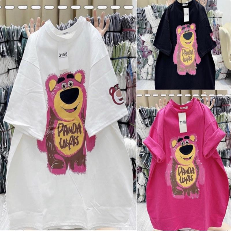 Áo phông nữ cổ tròn in hình gấu dâu freesize 3 màu lựa chọn HEFS001 Áo phông tay lỡ cotton khô 3158 Gấu Panta Wofks