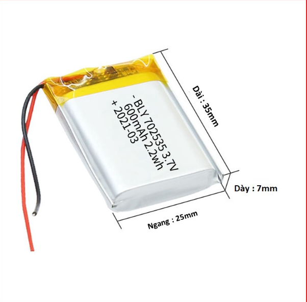 Pin Sạc Lithium Polymer 3.7V 600mah 702535 Cho tai nghe,loa Mp3 MP4 MP5 GPS PSP Bluetooth