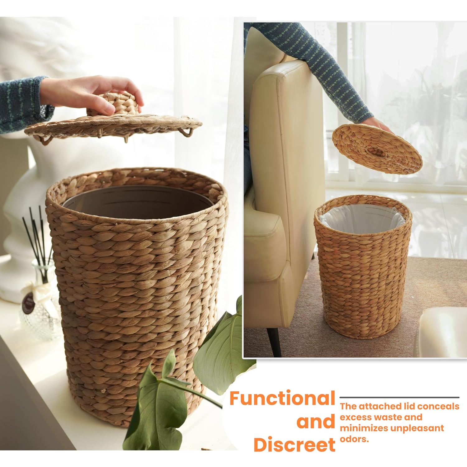 Sọt rác lục bình có lót thùng nhựa ở trong, sọt để đồ đa năng, đồ để văn phòng tiện dụng