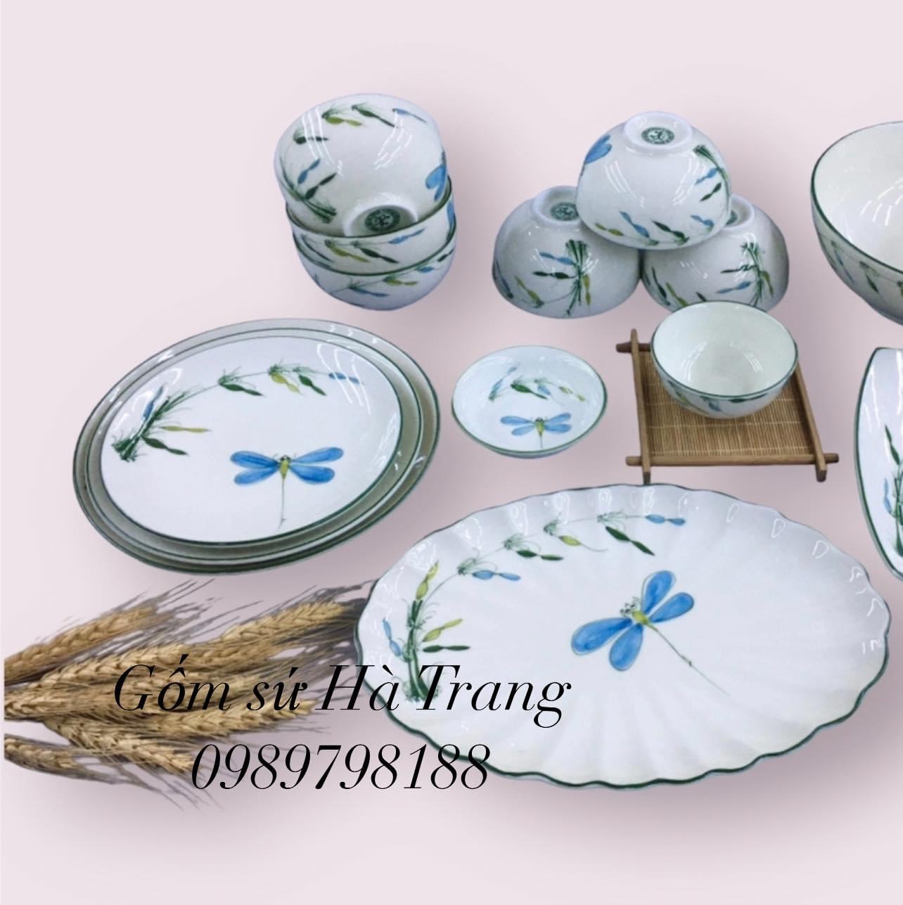 Bộ bát đĩa gốm sứ Bát Tràng cao cấp hoạ tiết trúc chuồn TCTL2023536