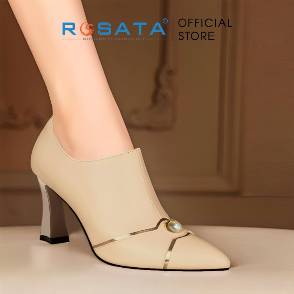 Giày bốt nữ ROSATA RO297 cổ thấp mũi nhọn đính hạt khóa kéo gót cao 7cm xuất xứ Việt Nam - Kem