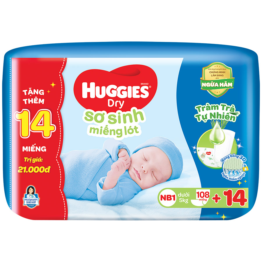 Combo 4 gói miếng lót sơ sinh NB1 HUGGIES DRY 108 miếng + 14 miếng