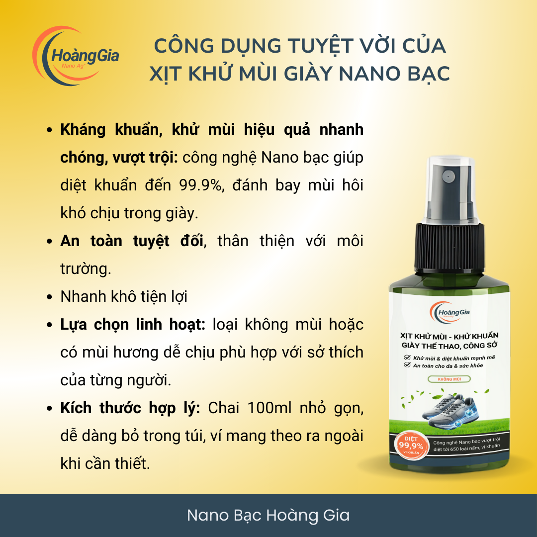 Xịt Khử Mùi Giày Công Sở Thể Thao Nano Bạc Hoàng Gia 100ml - Khử Khuẩn Giày, Chống Hôi Chân Hiệu Quả