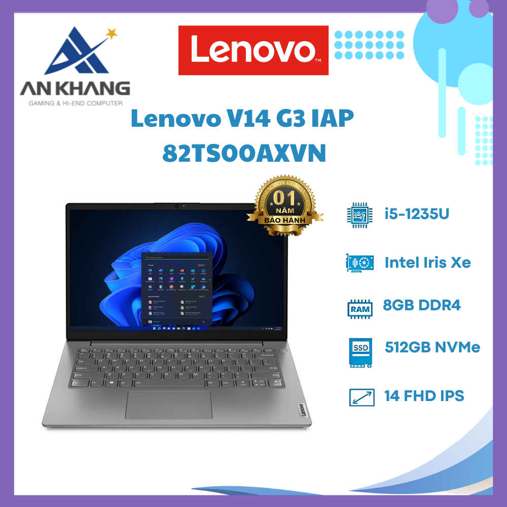 Laptop Lenovo V14 G3 IAP 82TS00AXVN (Core i5 1235U/ 8GB/ 512GB SSD/ 14.0inch Full HD/ Windows 11 Home/ Black/ Vỏ nhựa/ 1 Year) - Hàng Chính Hãng - Bảo Hành 12 Tháng