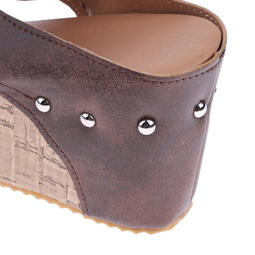 Retro Studded Cork Platform Wedge Sandal Leather Upper Open Toe for Women