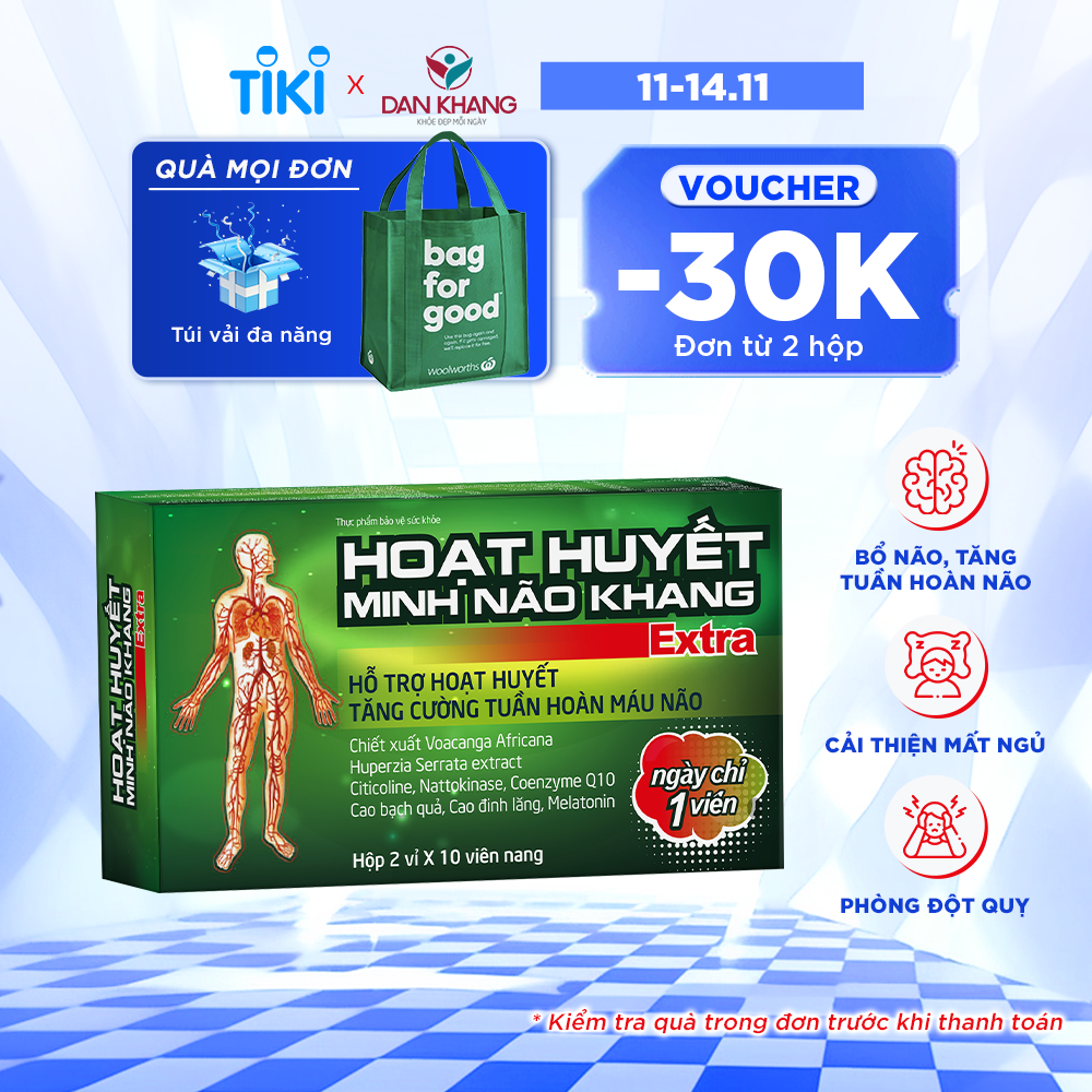 Hoạt Huyết Minh Não Khang Extra Hỗ Trợ Hoạt Huyết, tăng Cường Tuần Hoàn Máu Não Hộp 2 Vỉ x 10 Viên Nang