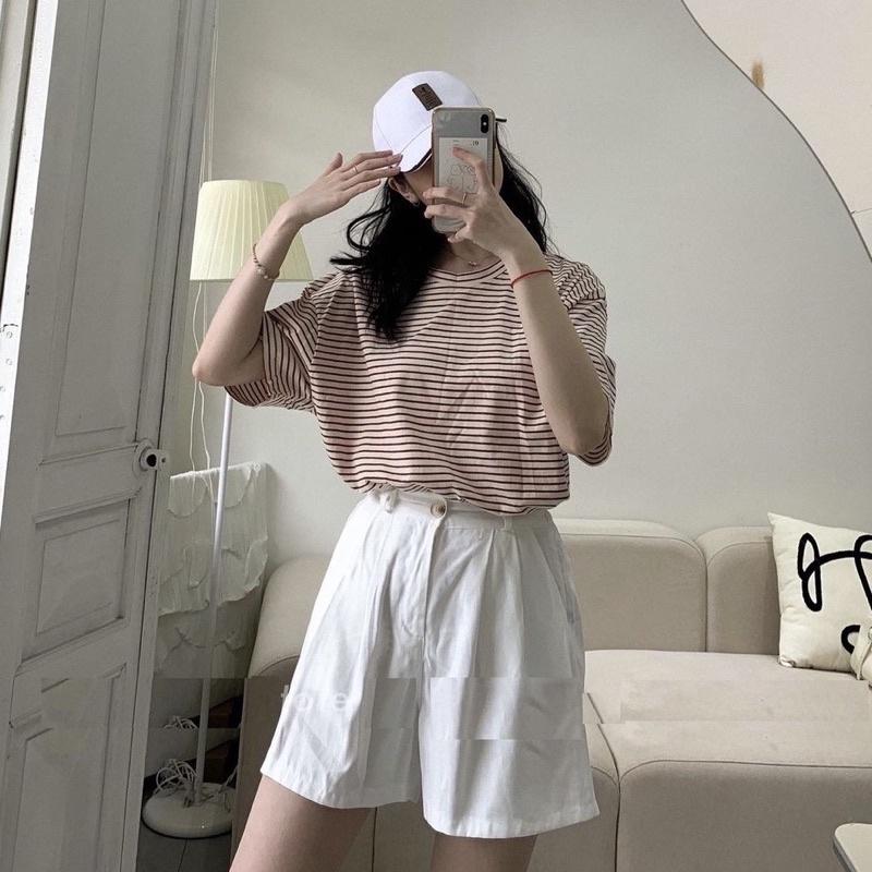 Set đồ nữ Áo thun mix quần short kaki giả váy kẻ ngang bánh bèo Ulzzang dành cho nữ PHULA