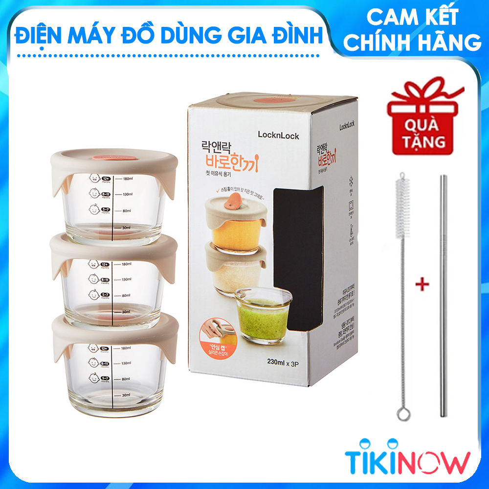 Hộp đựng thức ăn cho bé Lock&amp;Lock có vạch chia 230ml x 3 hộp LLG508S3 - Tặng Kèm Ống Hút Inox Và Cọ Rửa Ống Hút