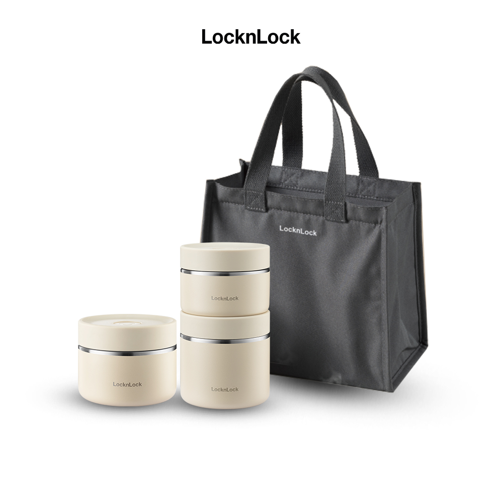 [Coupon 30K đơn 459K] Bộ hộp cơm giữ nhiệt Pump vacuum lunch box LocknLock LHC8052S02 - 5pcs (3 hộp, 1 túi, 1 bộ muỗng đĩa)